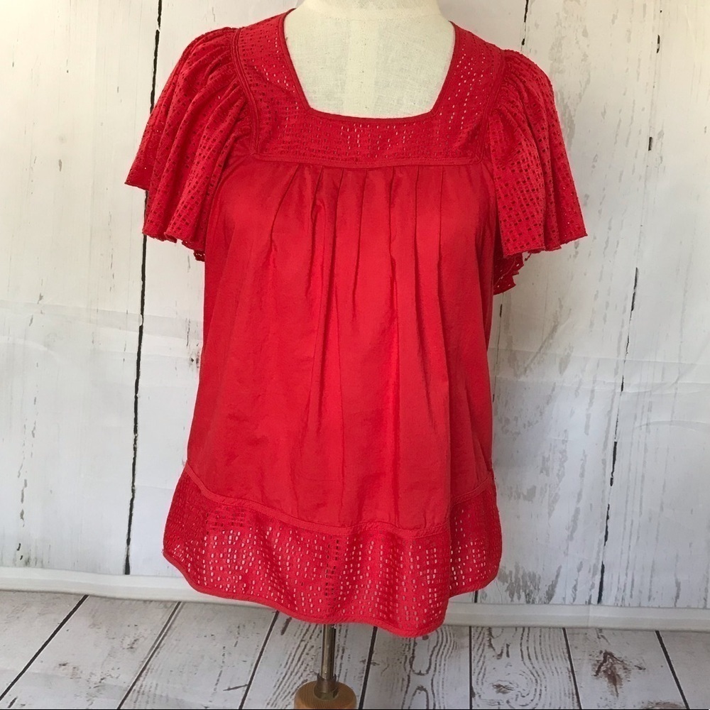 Anthropologie red eyelet flutter sleeve top